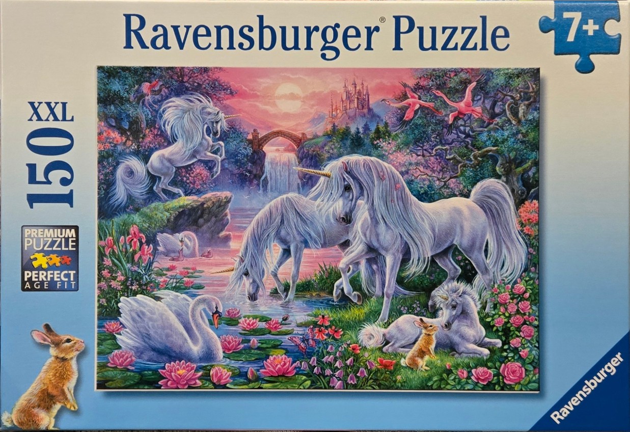 Fantasy illustration of unicorns, swans, and a rabbit in a magical forest landscape at sunset.