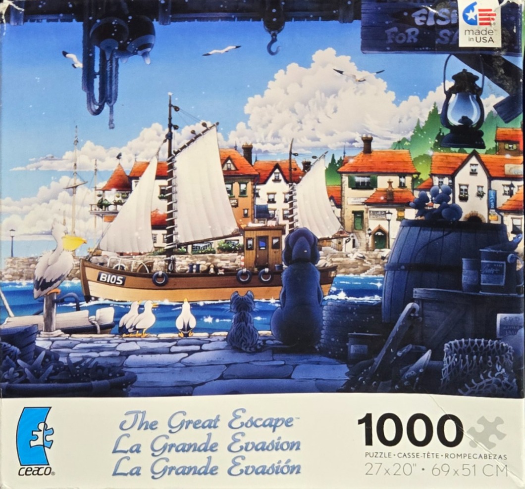 An illustrated harbor scene with a sailboat, a cat, a dog, and a pelican looking out to sea.