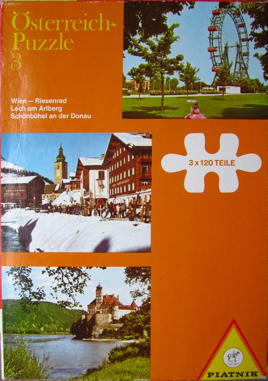 A collage of three Austrian scenes featuring the Wiener Riesenrad, a snowy village, and a castle by a river.