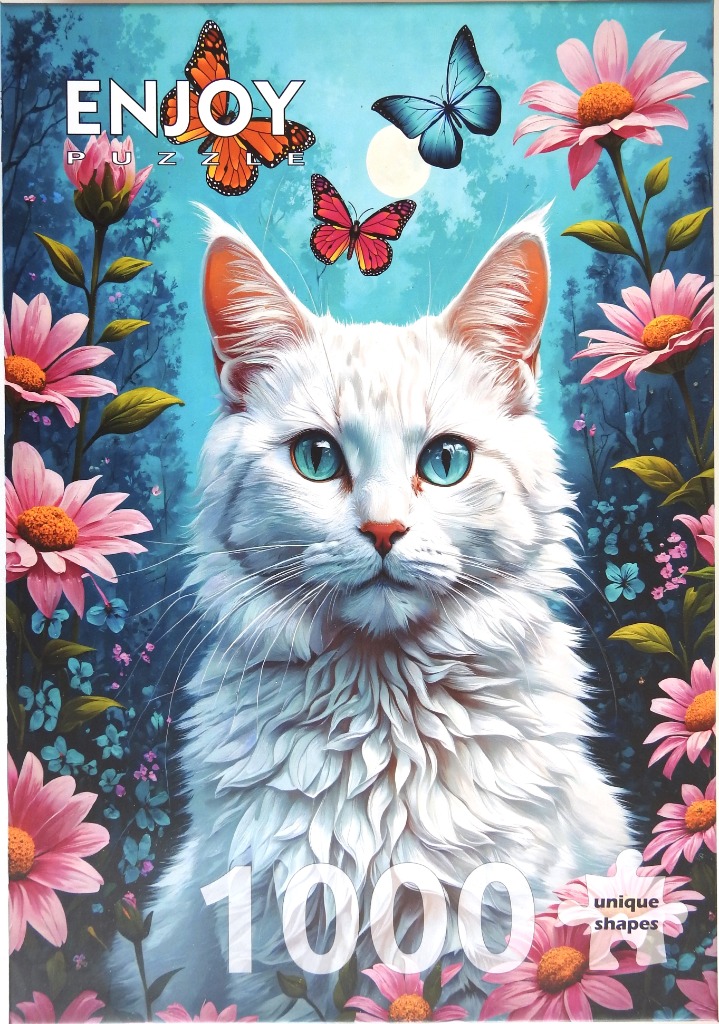 A portrait of a fluffy white cat with bright blue eyes surrounded by pink flowers and butterflies against a blue forest.