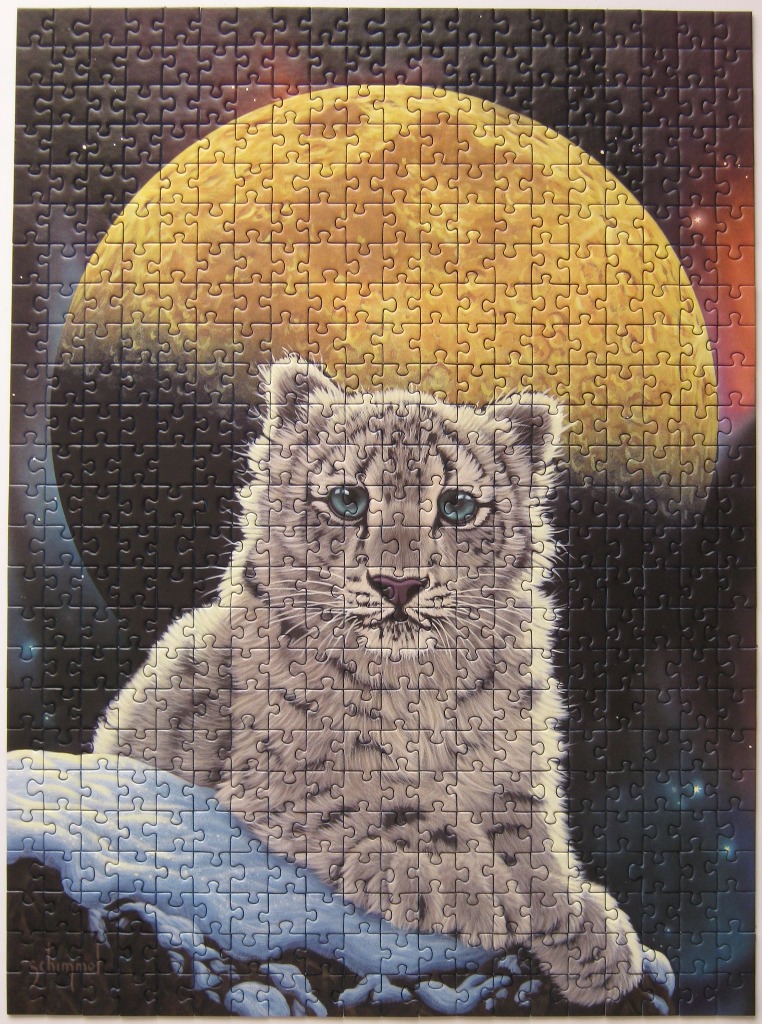 A snow leopard portrait centered against a giant yellow moon in a starry nebula background.