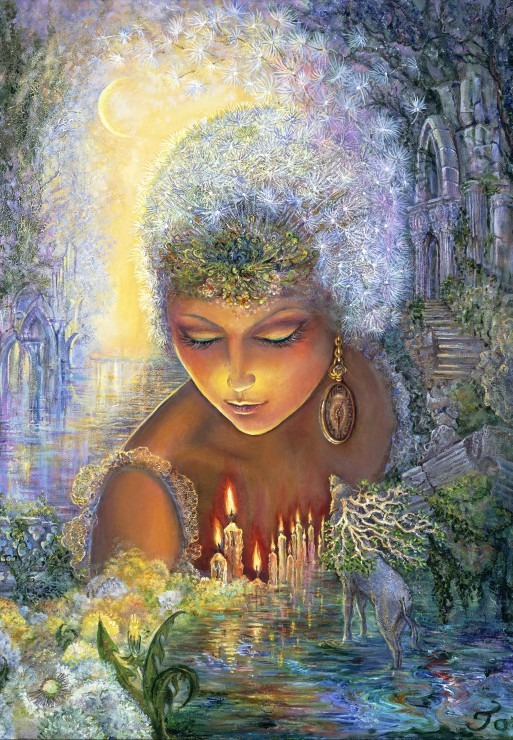 A serene woman with a dandelion head and a candle-lit foreground in a dreamy, surreal forest landscape.