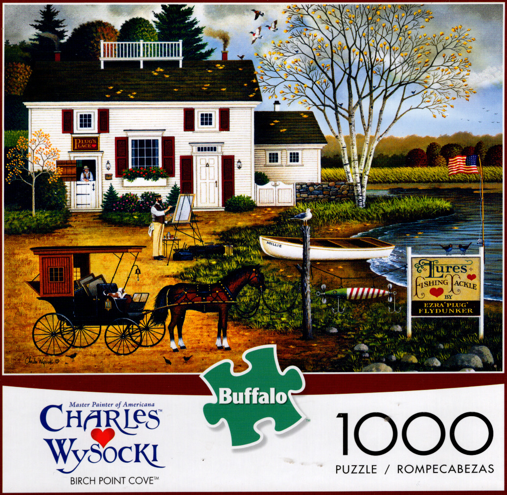 Painting of a historic white home, a carriage, and a fishing tackle shop near a lake in an Americana folk art style.