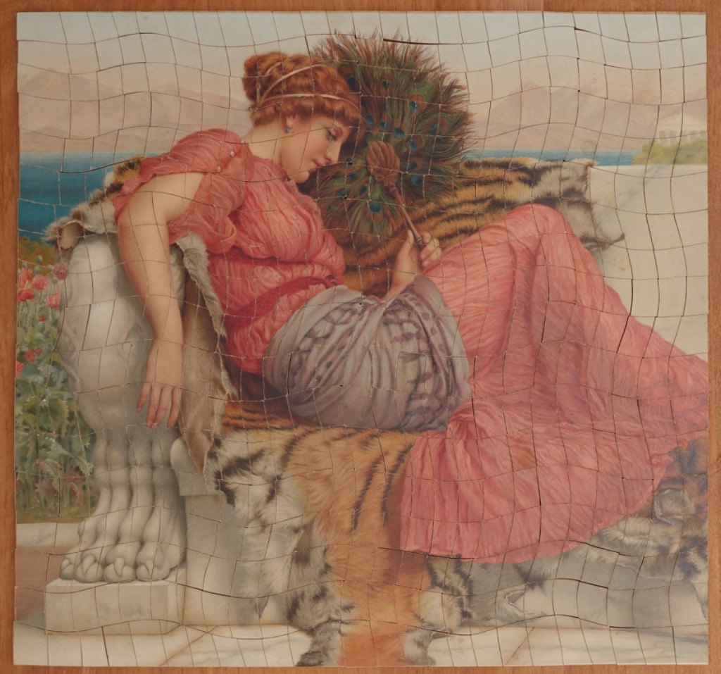 A Victorian-style painting of a red-haired woman in a pink dress reclining on a tiger skin rug with a peacock fan.