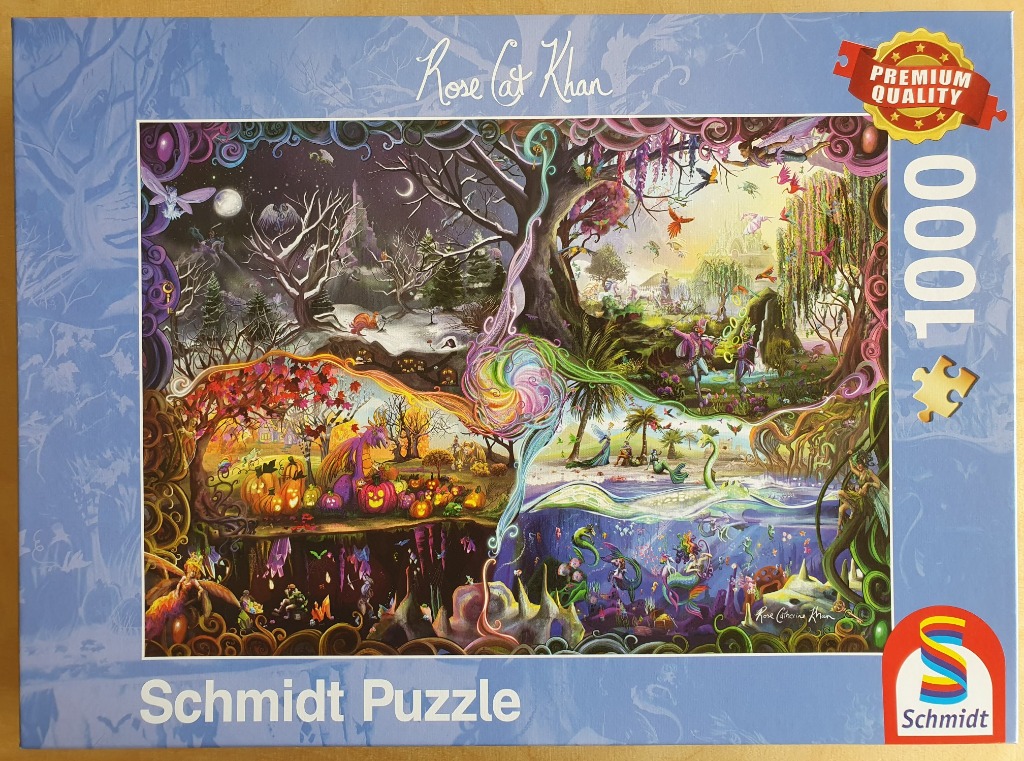 A whimsical four-quadrant fantasy illustration depicting different seasons and magical realms.