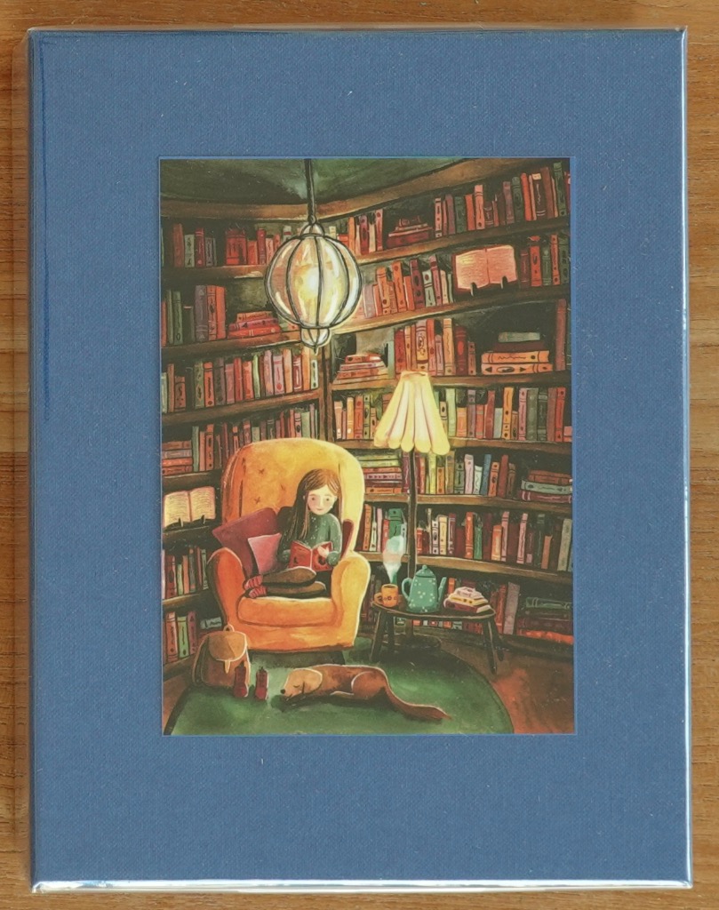 Illustration of a girl reading in an armchair surrounded by bookshelves with a sleeping dog nearby.
