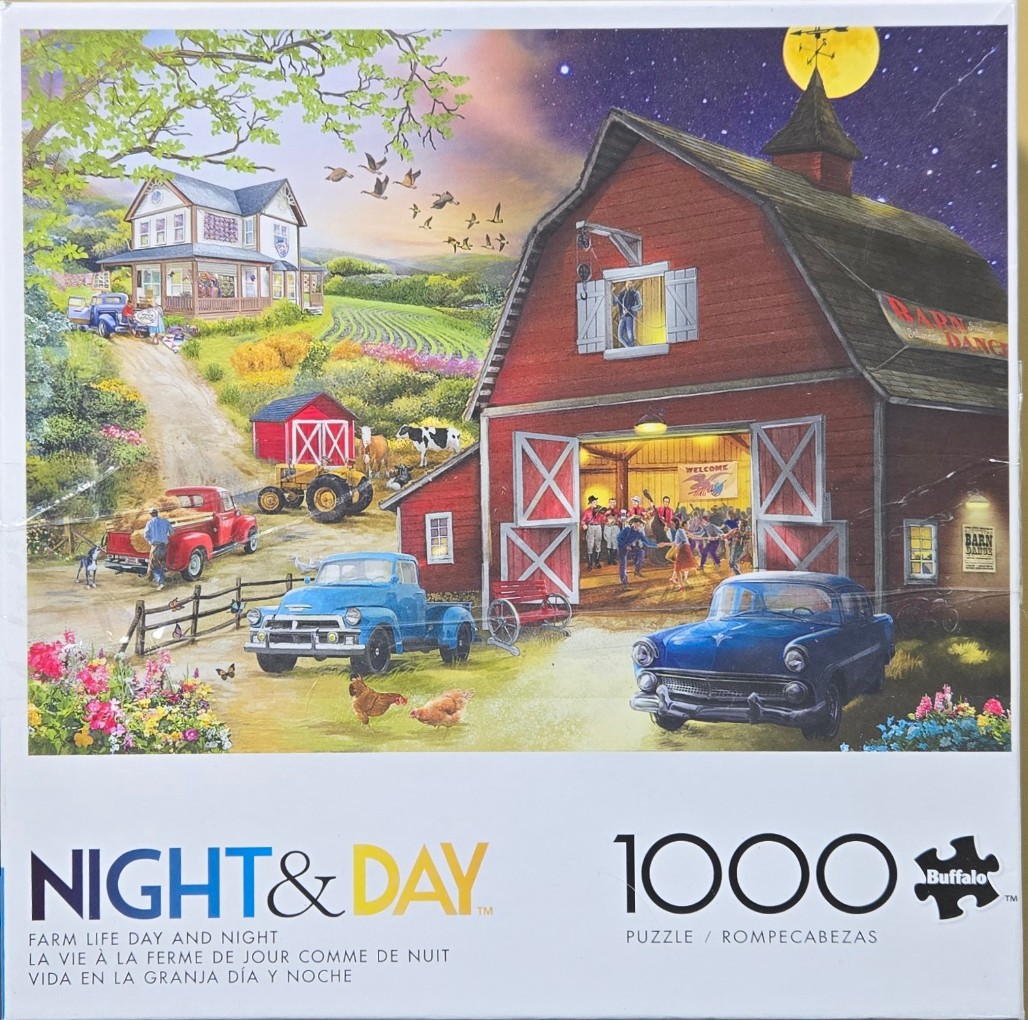 A split-scene illustration of a farm showing a daytime view on the left and a nighttime barn dance on the right.