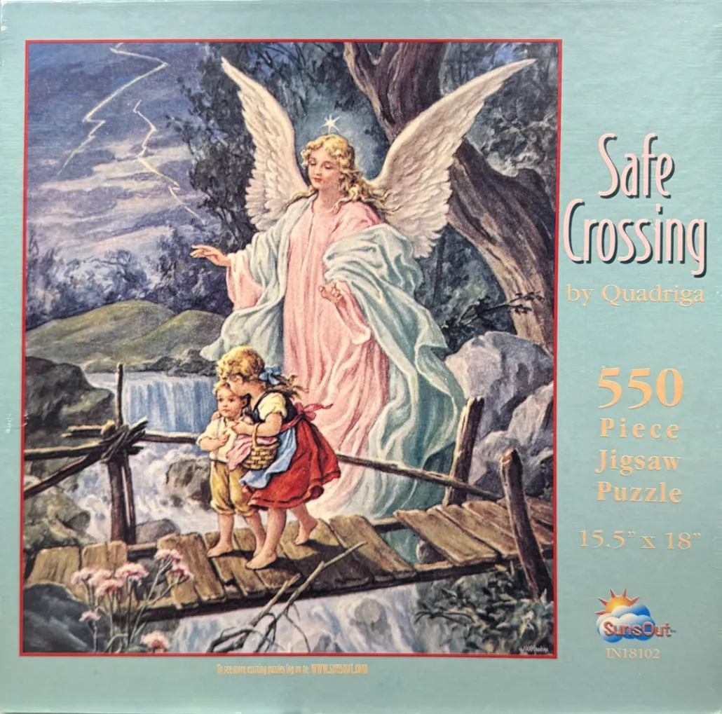 Illustration of a guardian angel watching over two young children crossing a wooden bridge over a waterfall during a storm.