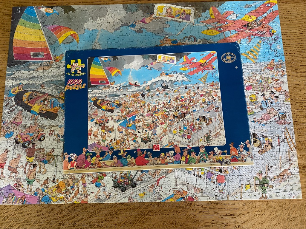 A chaotic, humorous beach scene with dozens of characters, a sailboat, and an airplane against a stormy sky.