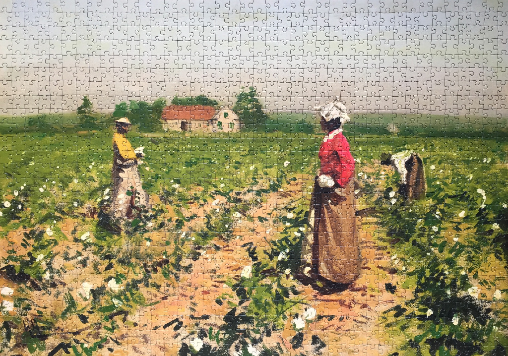 Oil painting of people working in a cotton field with a small house in the background