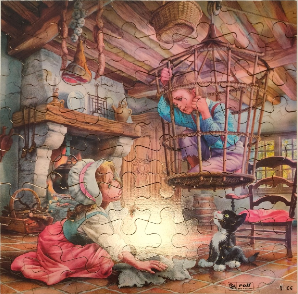 Illustration of a girl looking up at a boy trapped in a wooden hanging cage inside a rustic kitchen.