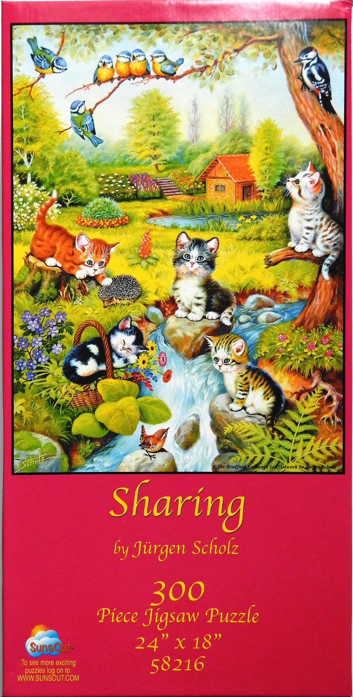 A whimsical garden scene featuring five kittens, a hedgehog, and several birds near a small stream.