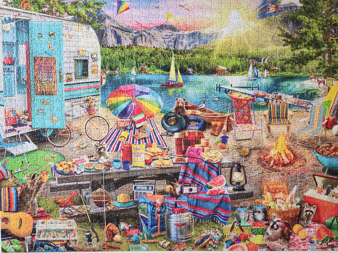 A summer lakeside campsite scene with a vintage camper, picnic table, and wildlife in a vibrant, detailed illustration.