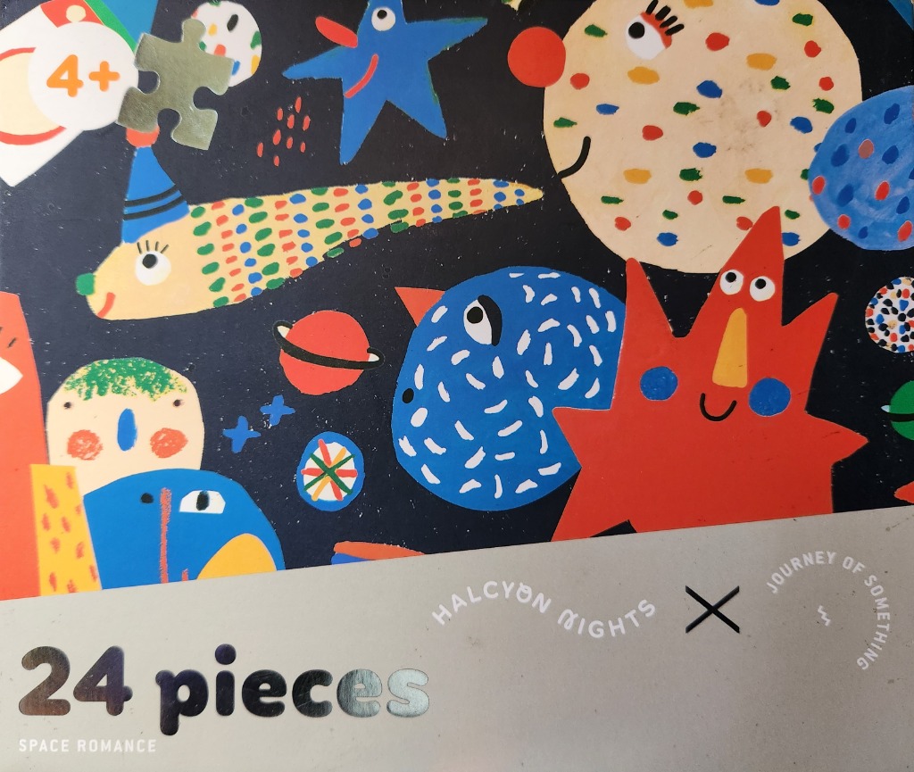 Whimsical abstract illustration of space-themed characters and planets on a dark background.