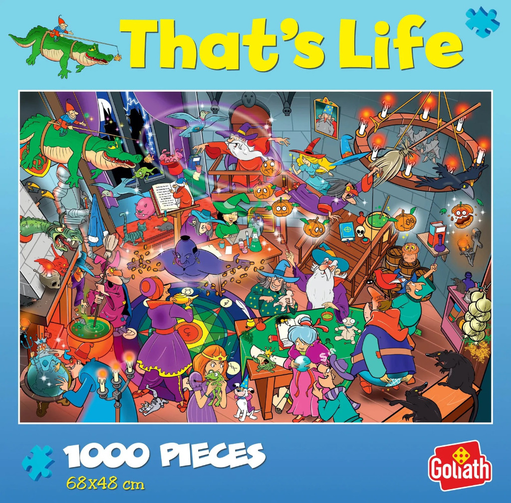 Cartoon illustration of a chaotic wizard school filled with magical characters, floating pumpkins, and spells.