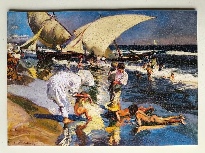 Impressionist painting of sailboats and children playing on a sunlit beach.