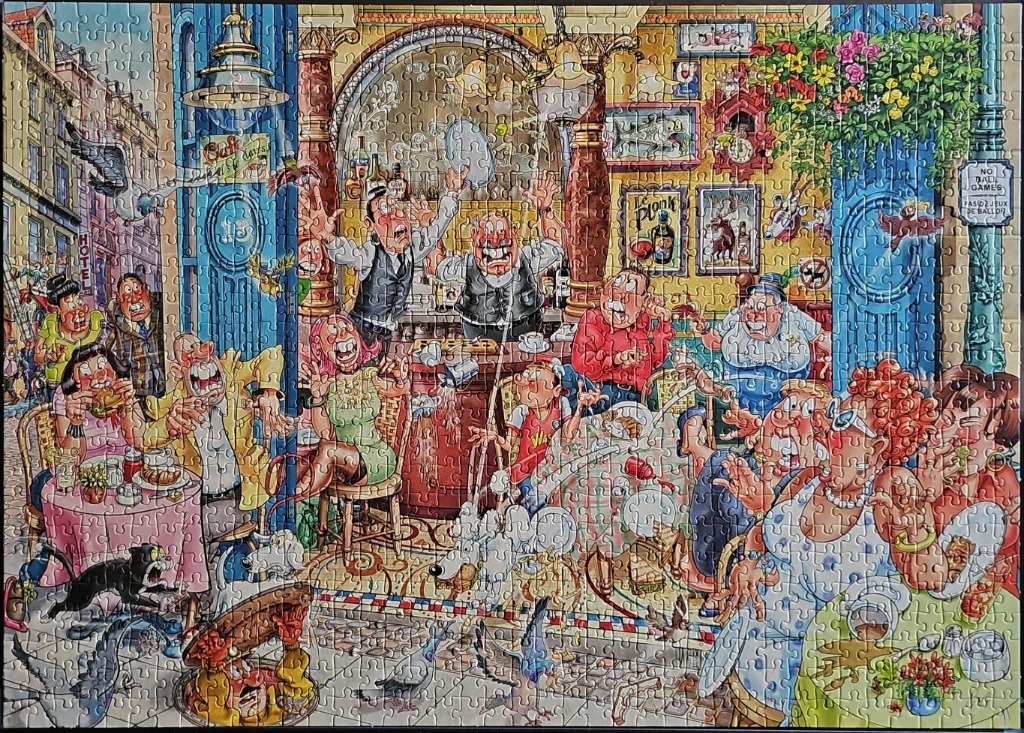 Humorous cartoon illustration of people dining and interacting in a lively cafe.