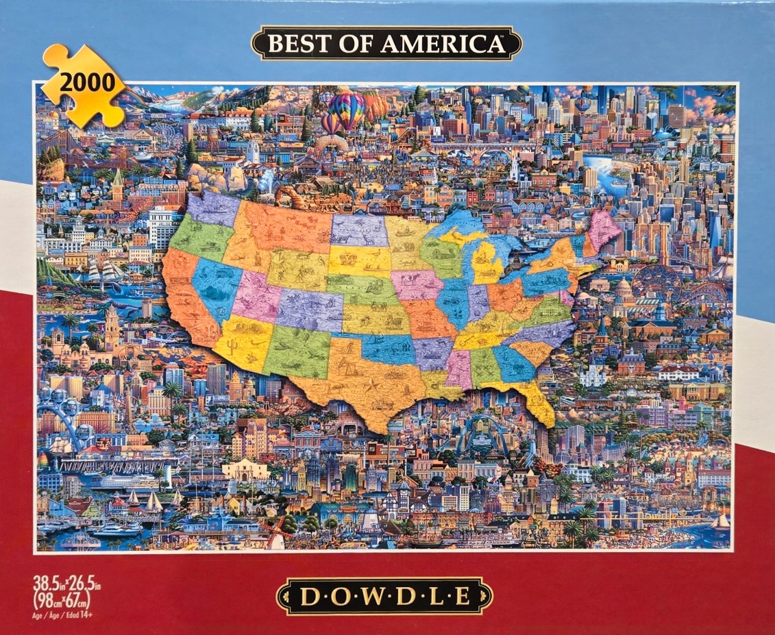 A whimsical, folk-art style collage illustration depicting a colorful map of the United States surrounded by landmarks.