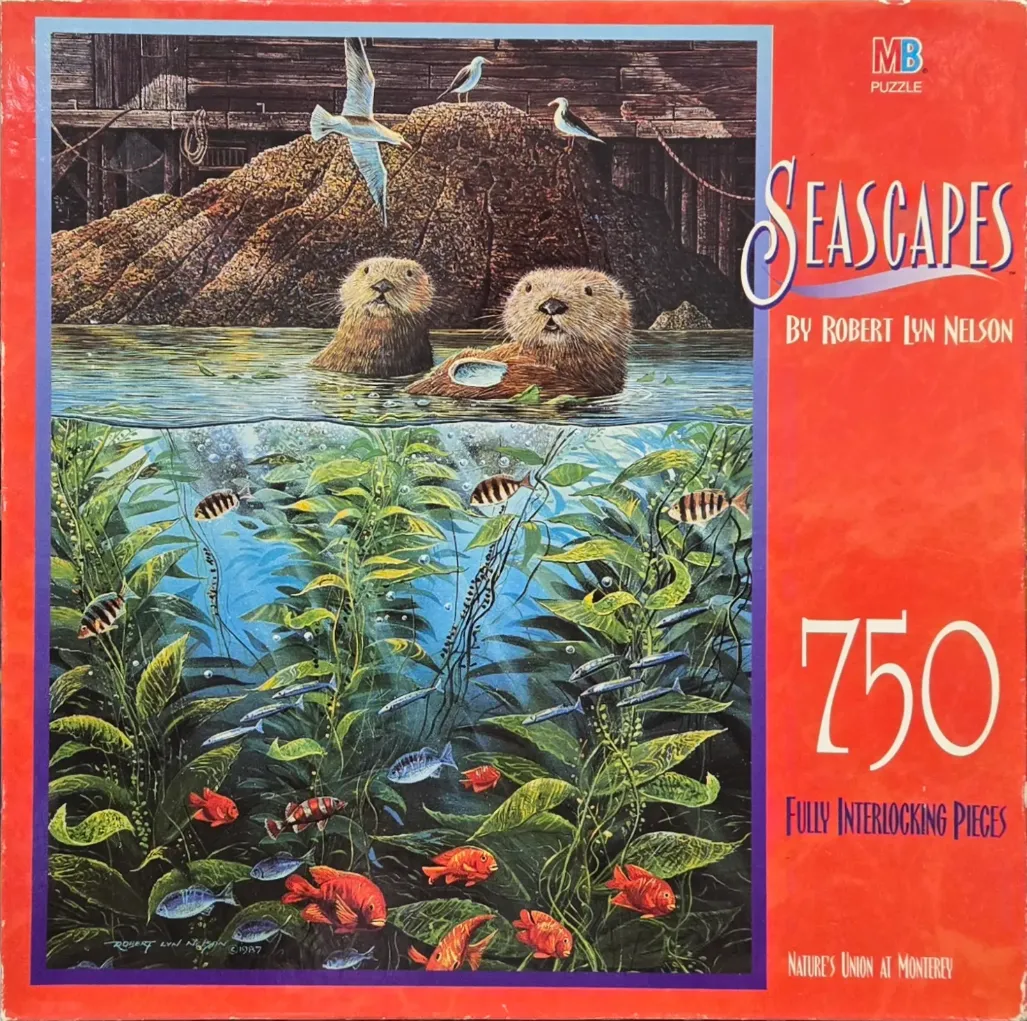 Two sea otters swimming in water with a lush kelp forest beneath them and a rocky pier in the background.