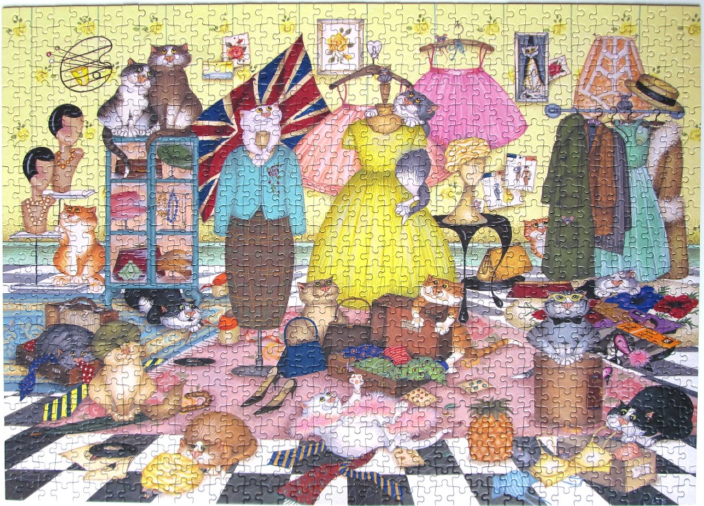 A vibrant cartoon illustration of many cats playing in a cluttered vintage-style boutique or dressing room.