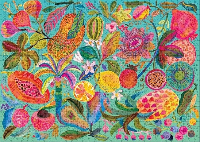 A vibrant botanical illustration of various exotic fruits and tropical flowers on a teal background.