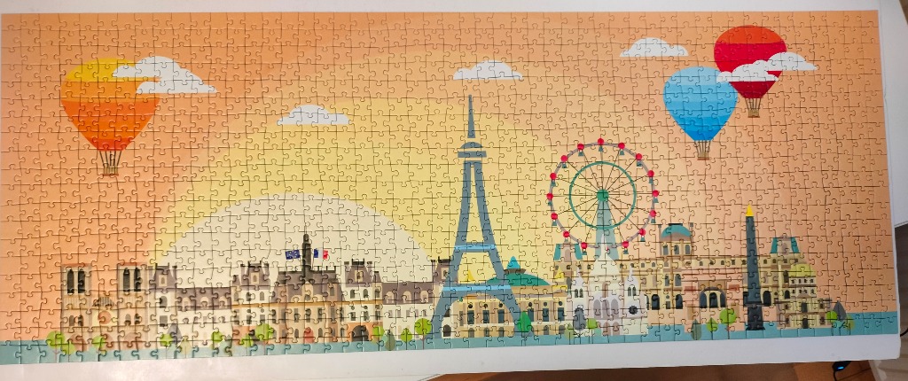 A whimsical vector-style illustration of the Paris skyline at sunset with hot air balloons.