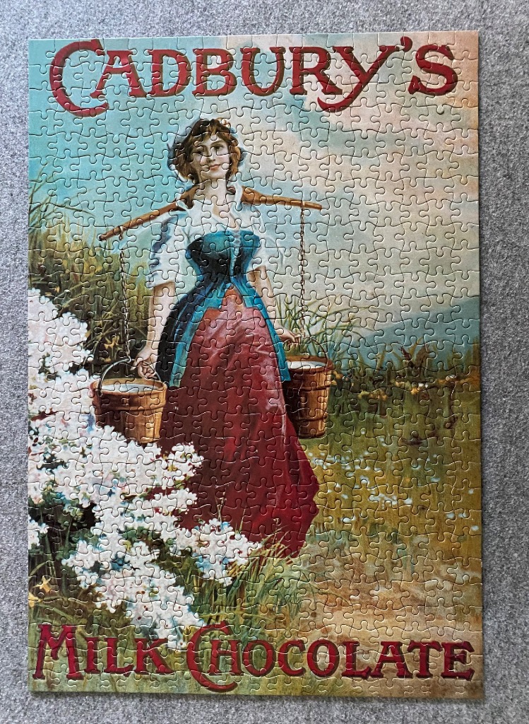 Vintage advertisement illustration of a milkmaid carrying buckets across a countryside meadow.