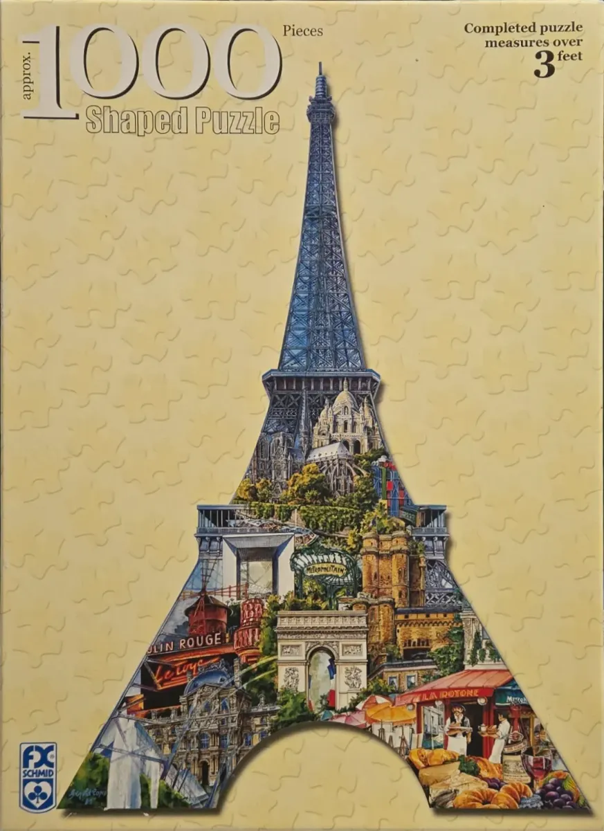 A montage illustration of Paris landmarks arranged within the silhouette of the Eiffel Tower.