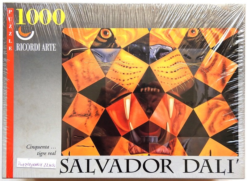 Surrealist artwork of a tiger face fragmented into geometric diamond patterns by Salvador Dali.