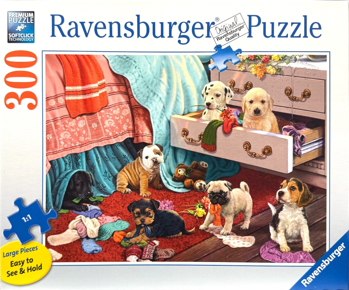 Six puppies playing in a bedroom with an open dresser drawer and scattered clothes.