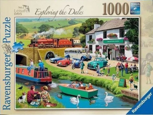 A nostalgic painting of a countryside scene featuring a steam train, a canal, an inn, and various vintage vehicles.