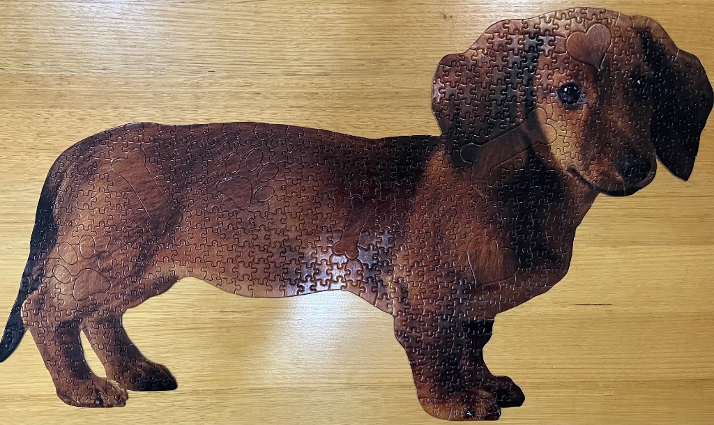 A shaped silhouette of a brown dachshund dog with subtle heart and bone patterns in the fur.