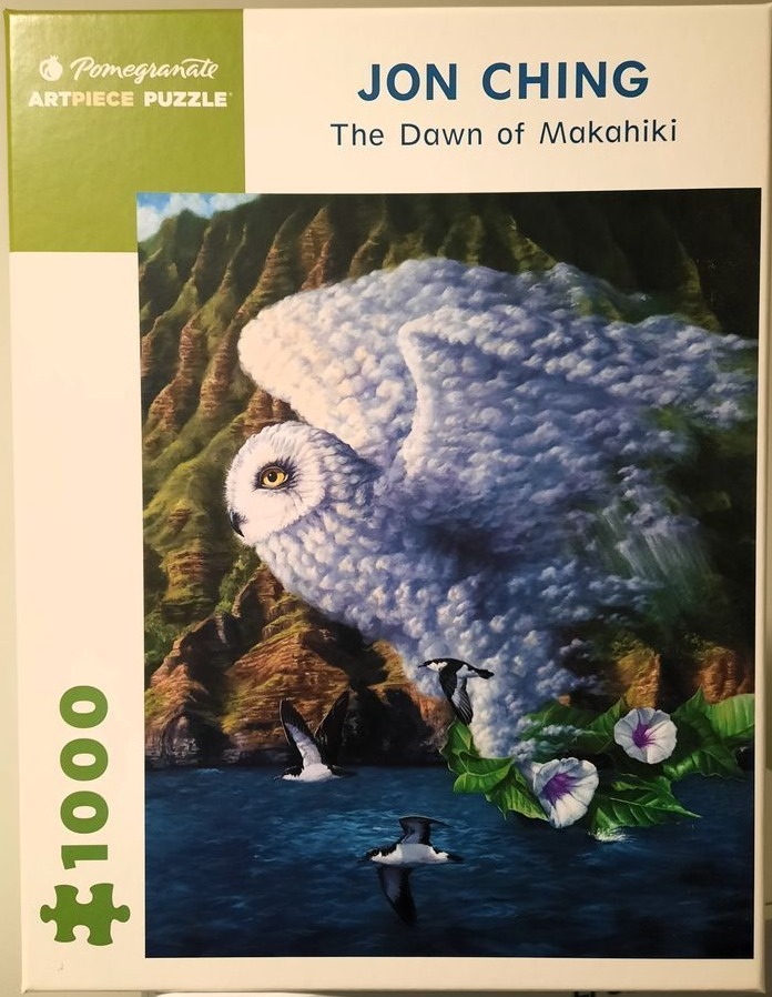 A surrealist painting of a snowy owl formed from clouds flying over a tropical coastline with birds and flowers.