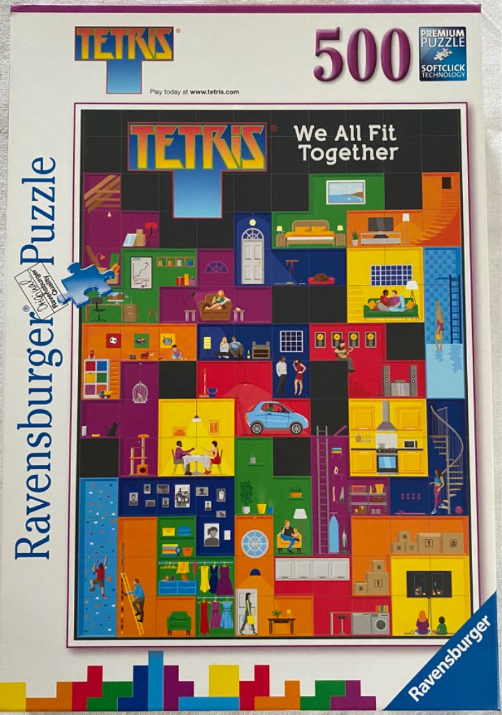 A Tetris-themed illustration showing various room interiors arranged as interlocking geometric blocks.