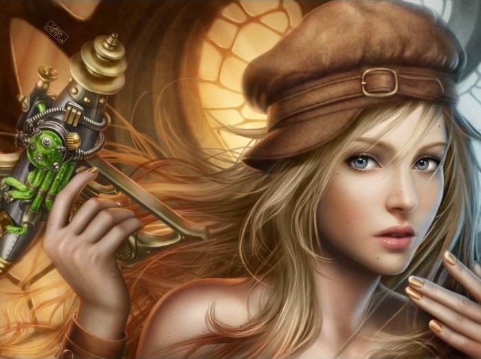 A digital illustration of a blonde woman wearing a brown cap, holding a steampunk-style weapon.