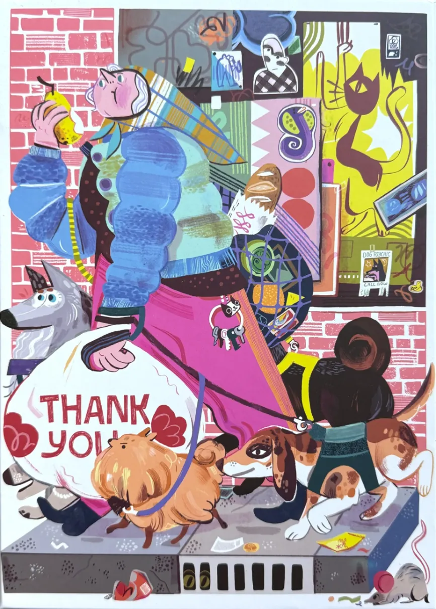 An illustration of an elderly woman walking three dogs past a brick wall covered in posters.