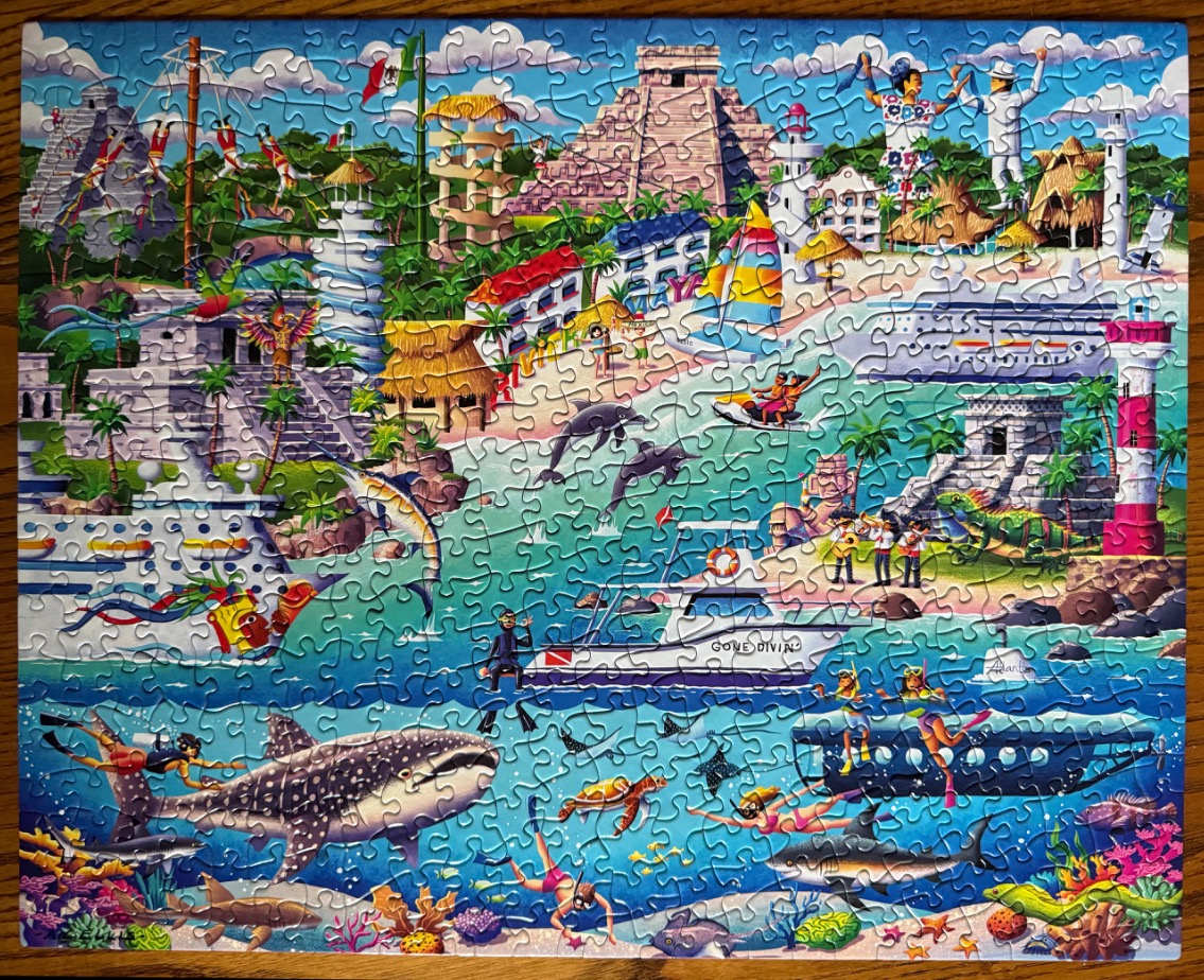 Cartoon illustration of a bustling Mexican coastal resort featuring Mayan ruins, cruise ships, and diverse marine life.