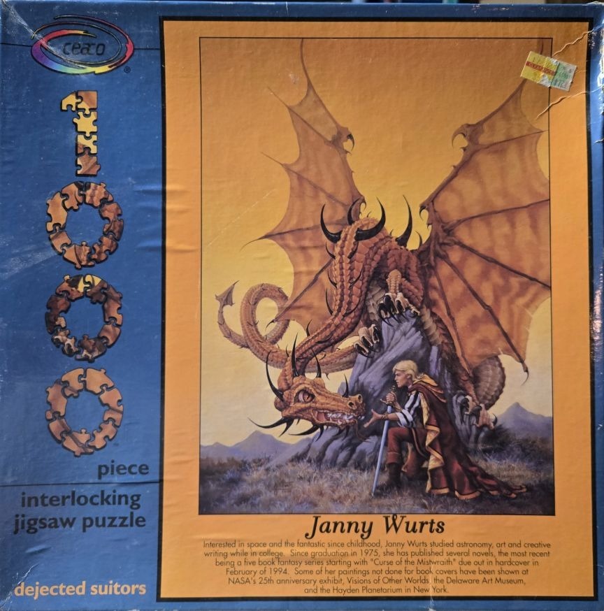 Fantasy illustration of a blonde knight kneeling before a large dragon perched on a jagged rock.