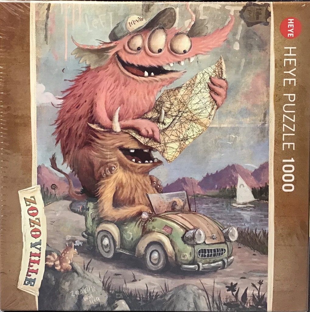Two whimsical monsters in a small green car looking at a map by a lake.