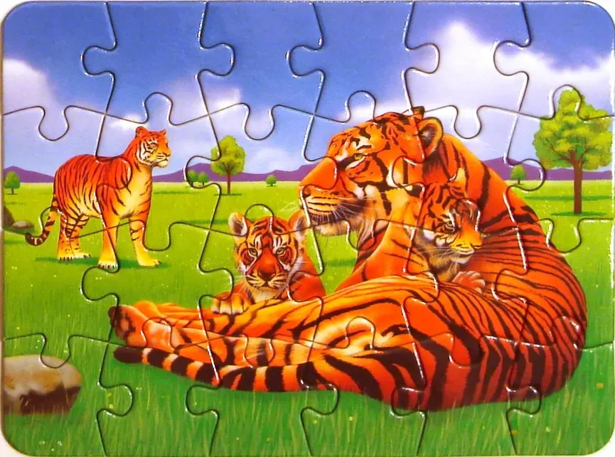 An illustration of a family of tigers in a grassy field under a sunny blue sky.