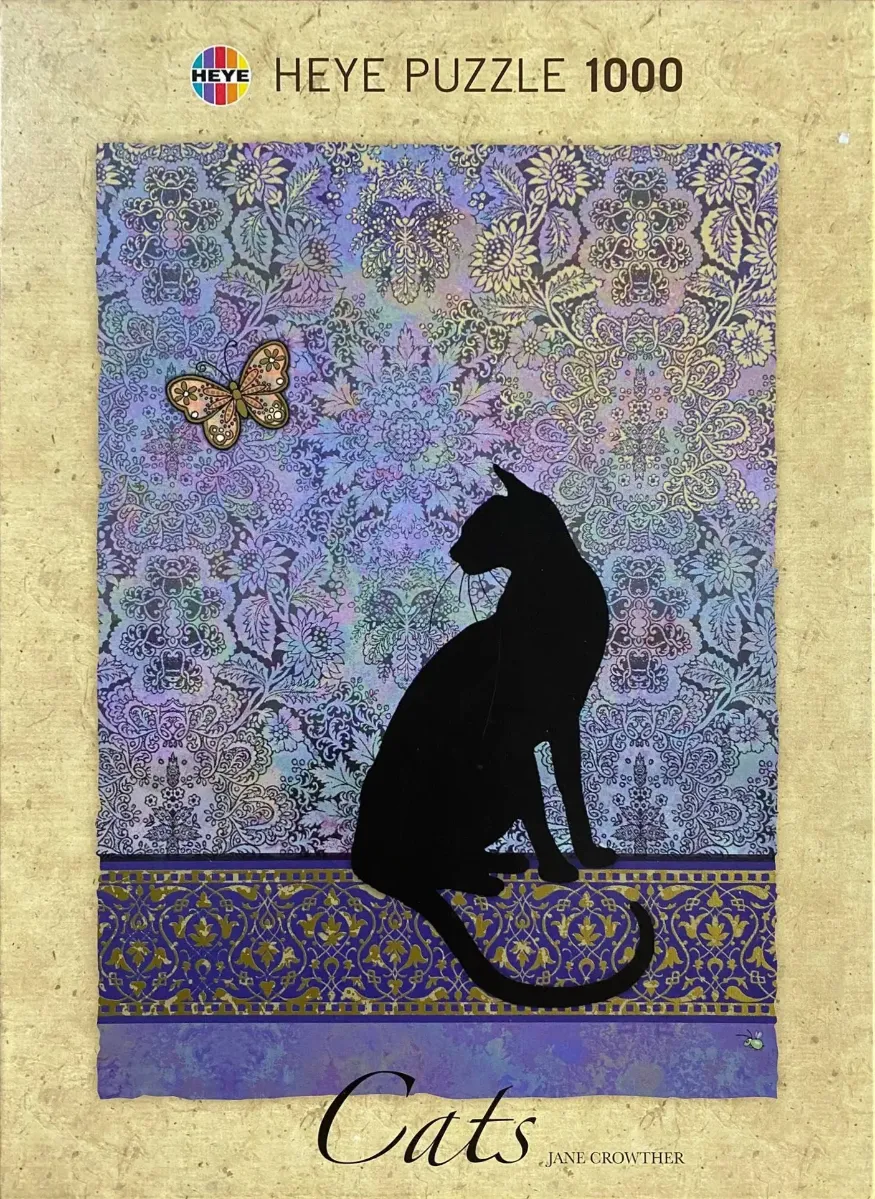 A black silhouette of a sitting cat against a purple and blue floral patterned background with a butterfly.
