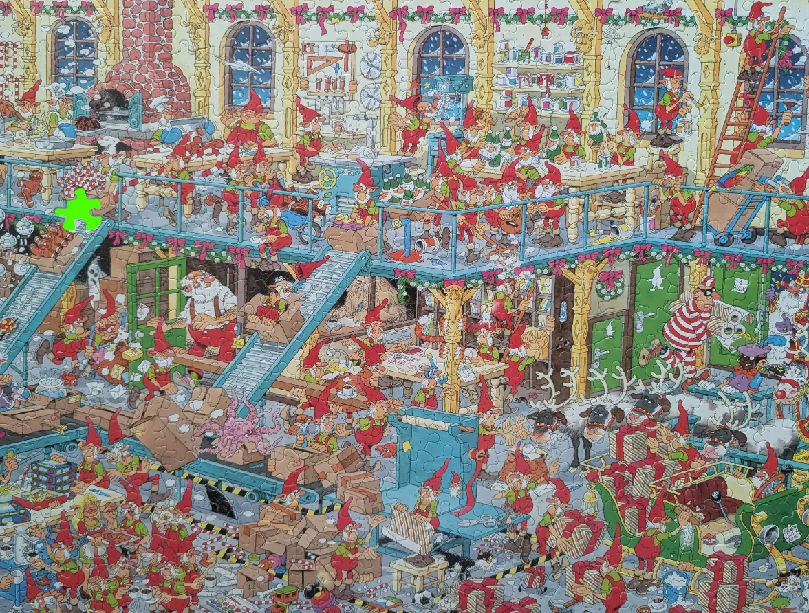 A chaotic and colorful illustration of Santa’s workshop filled with busy elves, conveyors, and gifts.