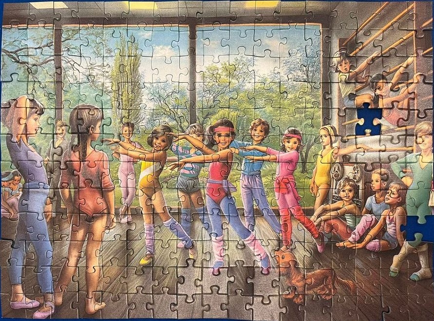 Illustration of a group of children participating in a dance or exercise class in a studio with large windows.