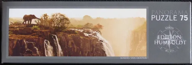 A panoramic photograph of a lone elephant standing near the edge of a sun-drenched waterfall in a canyon.