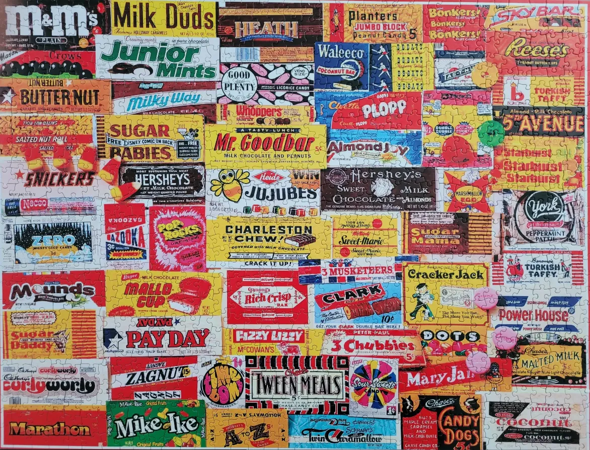A collage of vintage candy and chocolate bar wrappers.