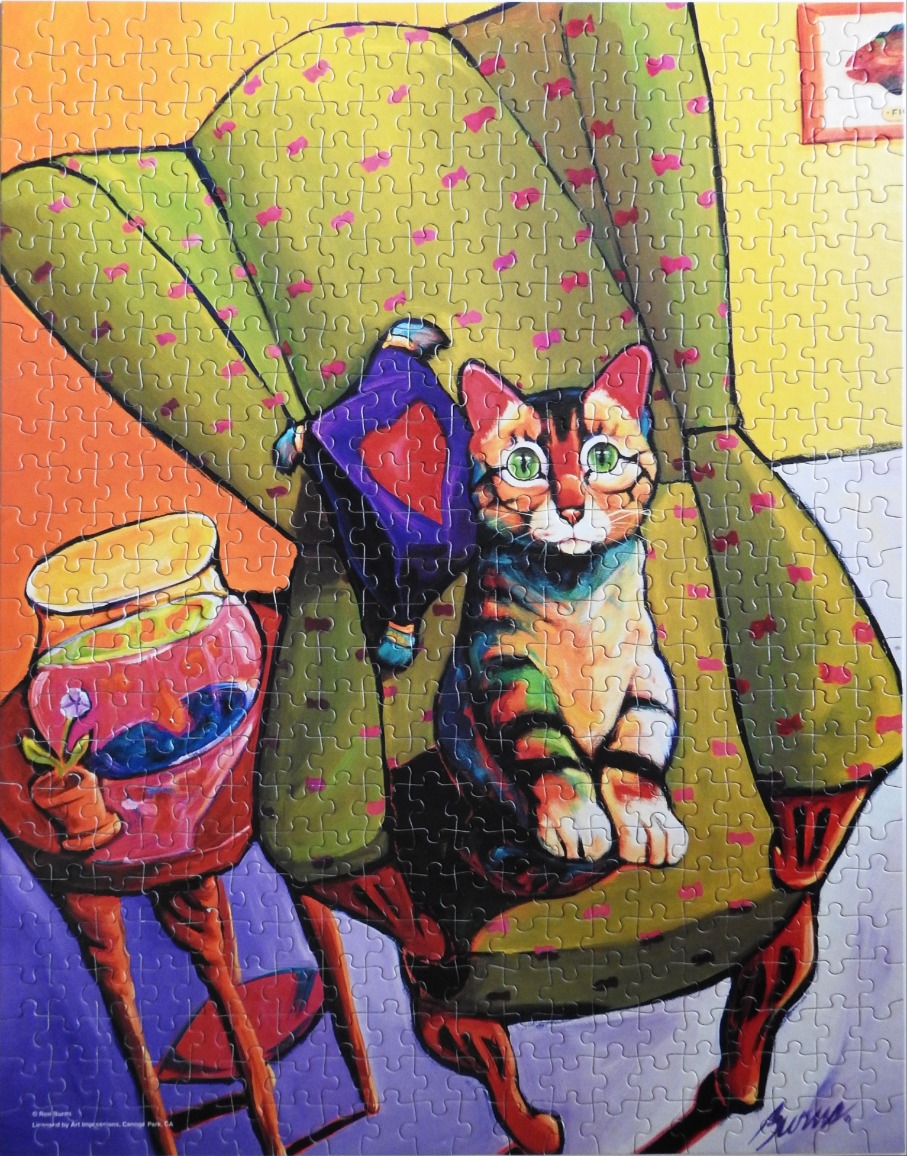 A whimsical painting of a tabby cat sitting in a green patterned armchair next to a goldfish bowl.