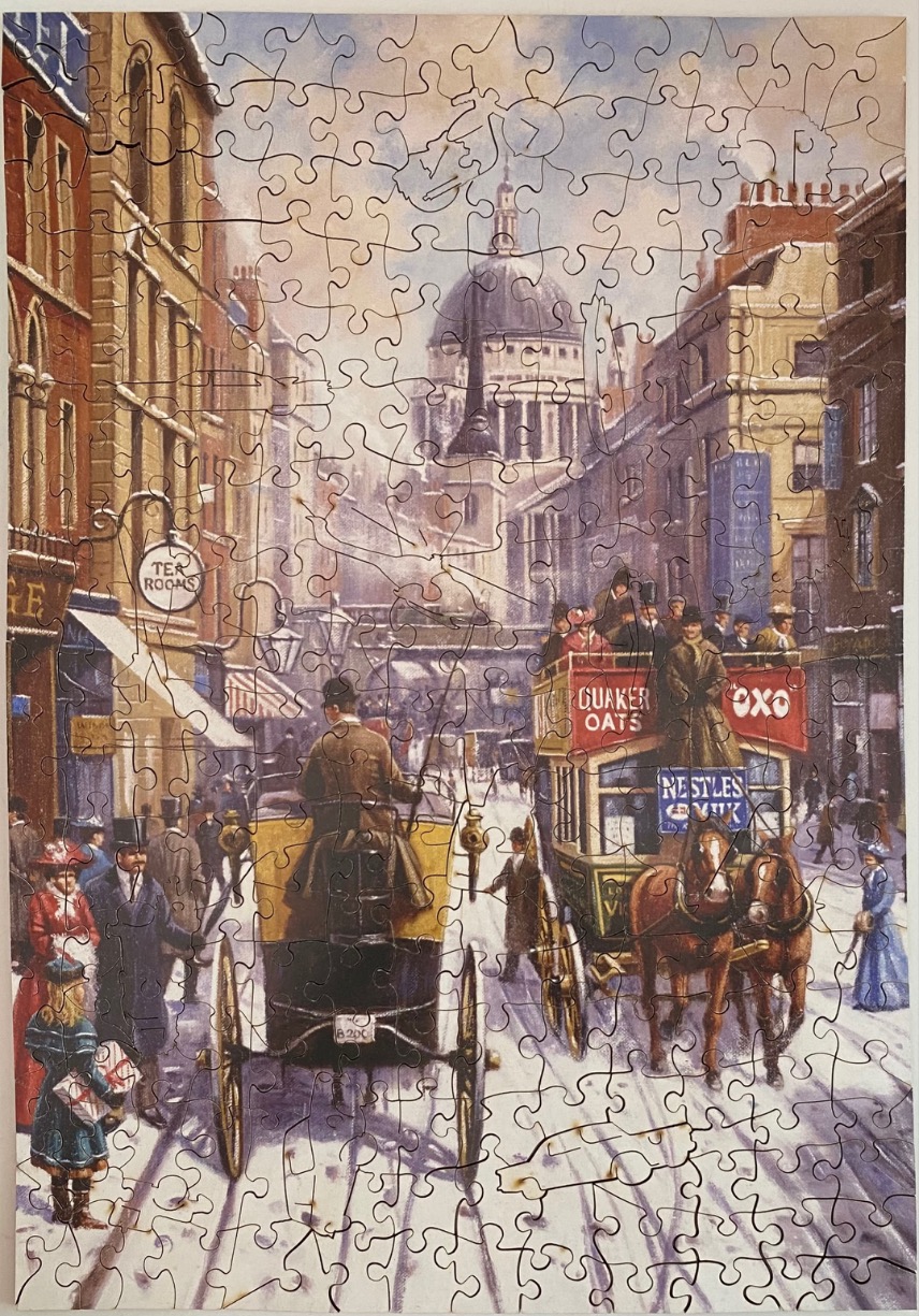 Illustration of a busy, snow-covered London street scene in the Victorian era with horse-drawn carriages.