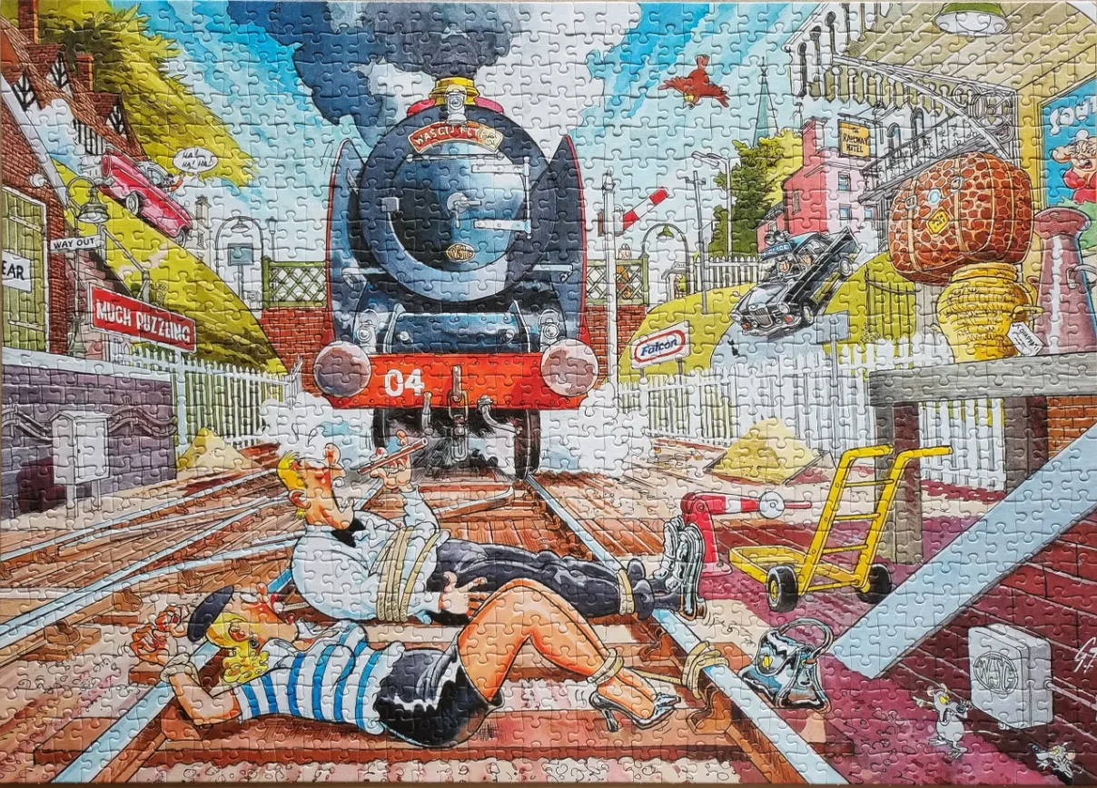 A comedic cartoon of a train approaching two people tied to the tracks in front of a busy train station.