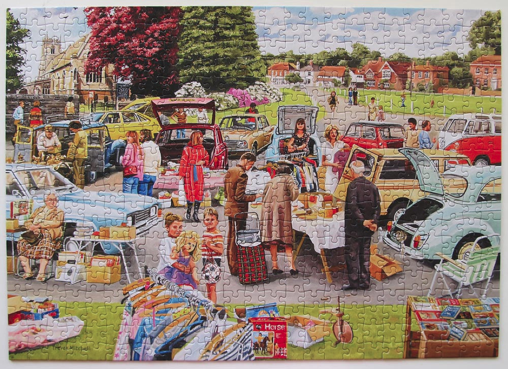 A detailed illustration of a lively car boot sale held in an English village green near a stone church.