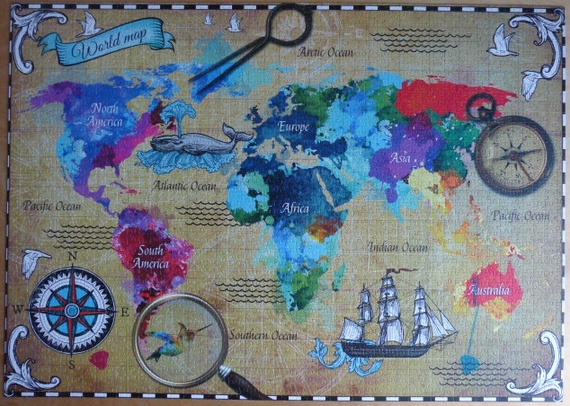 A whimsical, colourful world map illustration decorated with nautical motifs and vintage navigation tools.